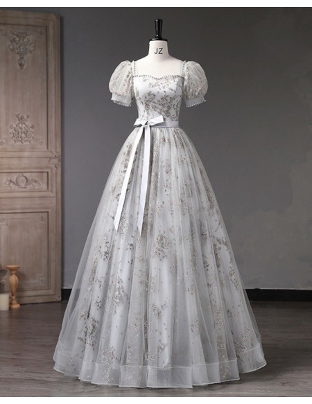 Sparkly Grey Ballgown Long Princess Prom Dress With Bubble Sleeves