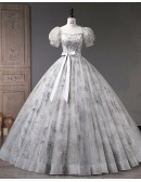 Sparkly Grey Ballgown Long Princess Prom Dress With Bubble Sleeves