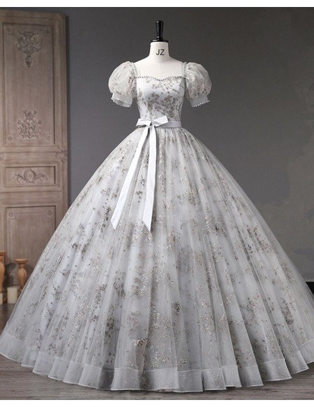 Sparkly Grey Ballgown Long Princess Prom Dress With Bubble Sleeves