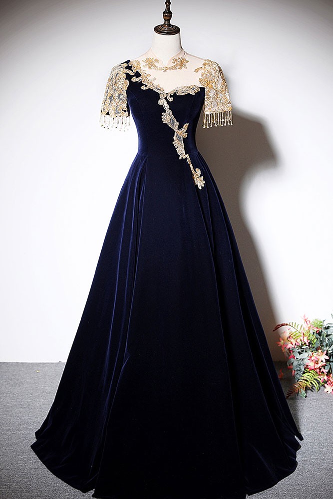 Navy Bow V Neck Velvet Long Sleeve Prom Dress