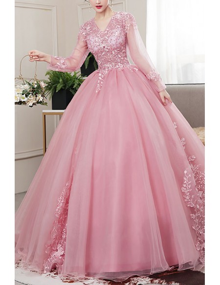 Vneck Pink Tulle Ballgown Long Prom Dress With Long Sleeves