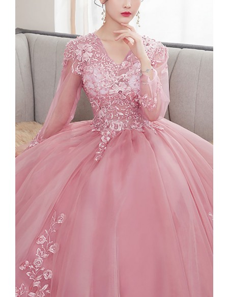 Vneck Pink Tulle Ballgown Long Prom Dress With Long Sleeves