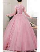 Vneck Pink Tulle Ballgown Long Prom Dress With Long Sleeves