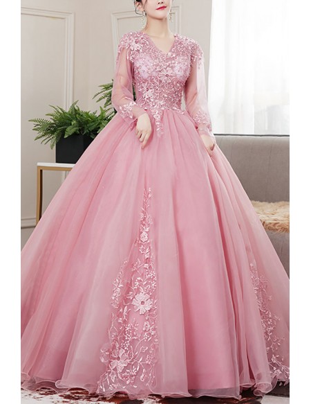 Vneck Pink Tulle Ballgown Long Prom Dress With Long Sleeves