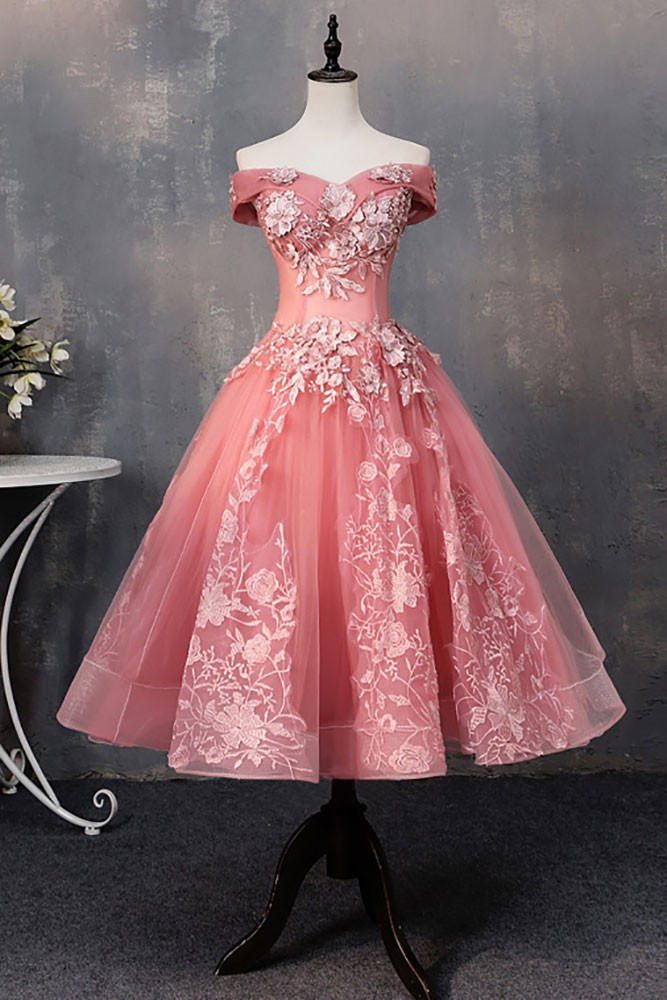 Pink Off The Shoulder Applique Beaded Prom Evening Dress,Formal Party Gown cc2581 main image 1