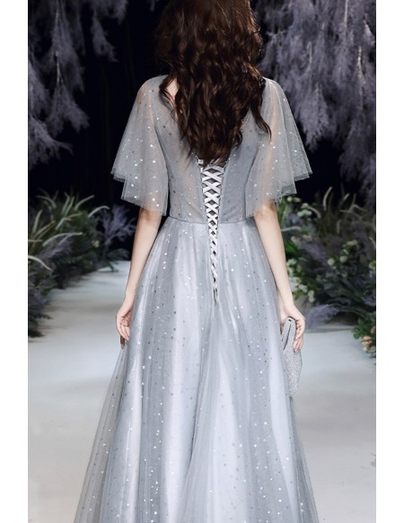 Sequined Grey Tulle Vneck Bling Prom Dress With Sleeves