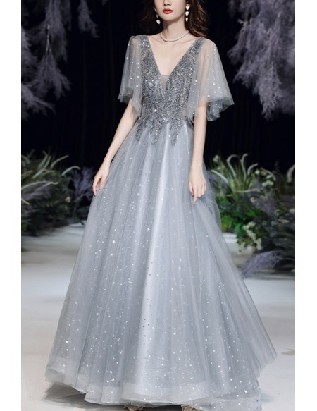 Sequined Grey Tulle Vneck Bling Prom Dress With Sleeves