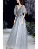 Sequined Grey Tulle Vneck Bling Prom Dress With Sleeves