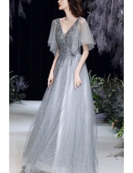 Sequined Grey Tulle Vneck Bling Prom Dress With Sleeves