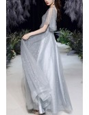 Sequined Grey Tulle Vneck Bling Prom Dress With Sleeves