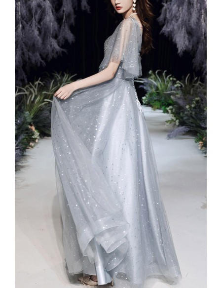 Sequined Grey Tulle Vneck Bling Prom Dress With Sleeves