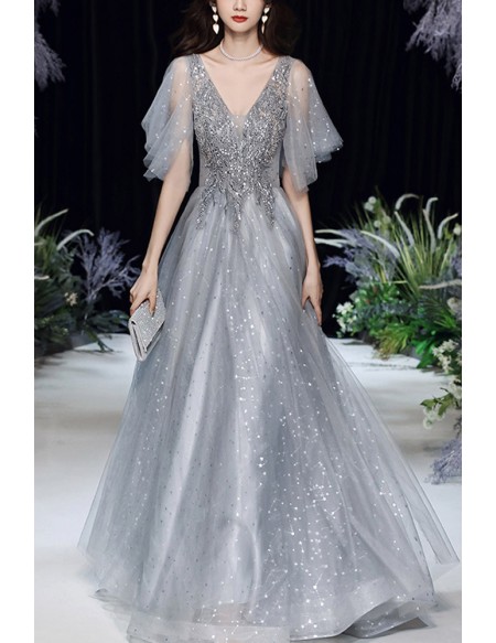 Sequined Grey Tulle Vneck Bling Prom Dress With Sleeves