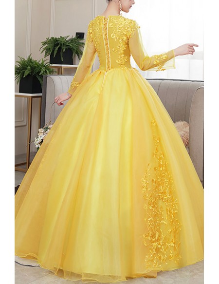 Vneck Long Sleeved Yellow Ballgown Tulle Prom Dress