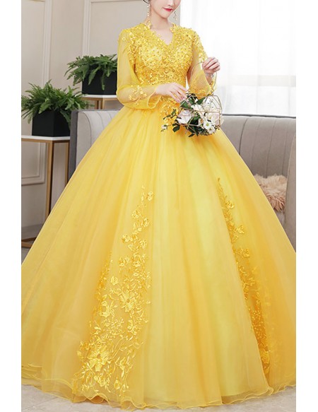 Vneck Long Sleeved Yellow Ballgown Tulle Prom Dress