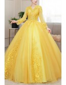 Vneck Long Sleeved Yellow Ballgown Tulle Prom Dress