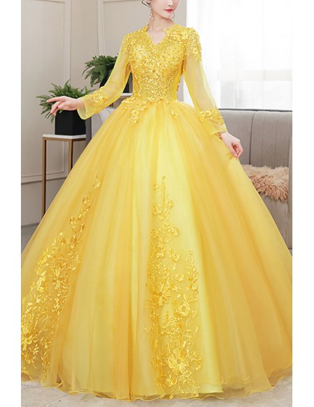 Vneck Long Sleeved Yellow Ballgown Tulle Prom Dress
