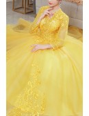 Vneck Long Sleeved Yellow Ballgown Tulle Prom Dress