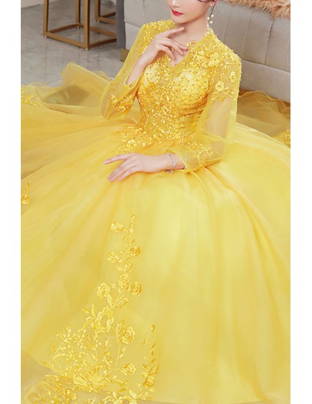 Vneck Long Sleeved Yellow Ballgown Tulle Prom Dress