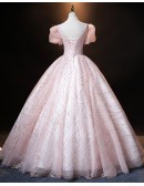 Sparkly Pink Ballgown Princess Prom Dress With Bubble Sleeves