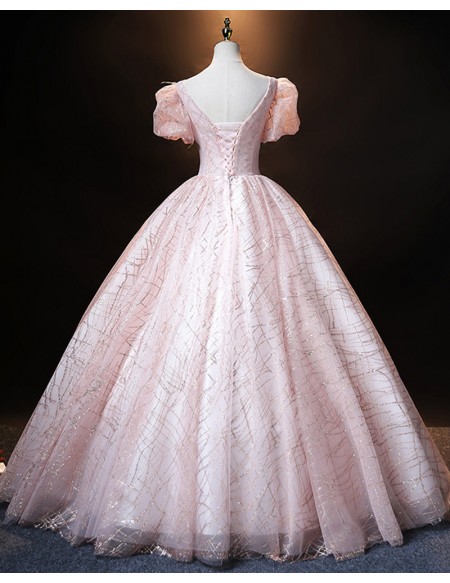 Sparkly Pink Ballgown Princess Prom Dress With Bubble Sleeves