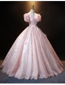 Sparkly Pink Ballgown Princess Prom Dress With Bubble Sleeves