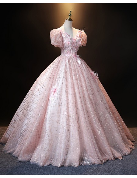 Sparkly Pink Ballgown Princess Prom Dress With Bubble Sleeves