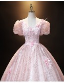 Sparkly Pink Ballgown Princess Prom Dress With Bubble Sleeves