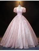 Sparkly Pink Ballgown Princess Prom Dress With Bubble Sleeves