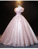 Sparkly Pink Ballgown Princess Prom Dress With Bubble Sleeves