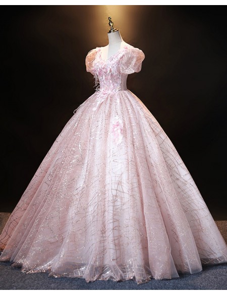 Sparkly Pink Ballgown Princess Prom Dress With Bubble Sleeves