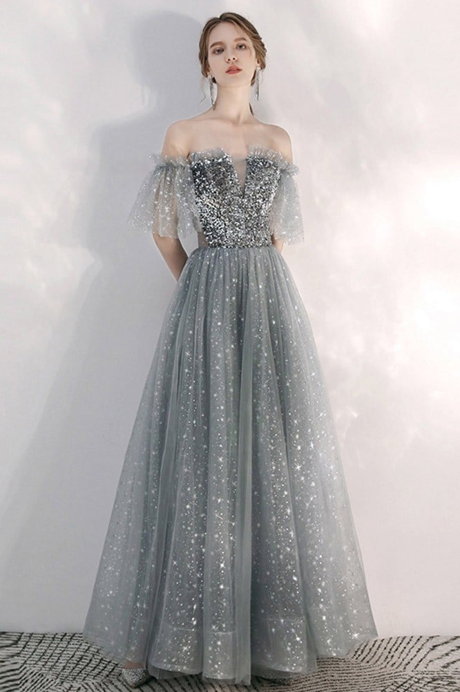 Sparkly Long Tulle Gorgeous Grey Prom Dress Off Shoulder #WS7088 - GemGrace.com Sparkly Long Tulle Gorgeous Grey Prom Dress Off Shoulder #WS7088 - GemGrace.com