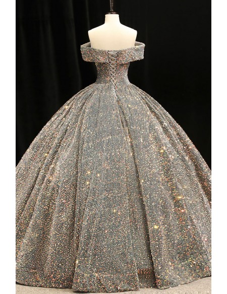 Off Shoulder Sparkly Sequined Ballgown Prom Dress With Bling