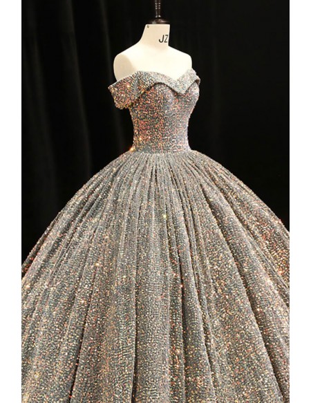 Off Shoulder Sparkly Sequined Ballgown Prom Dress With Bling