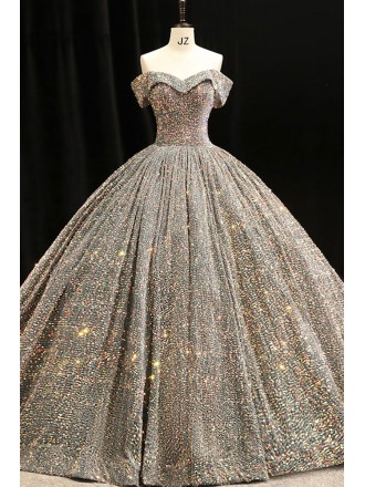 Off Shoulder Sparkly Sequined Ballgown Prom Dress With Bling