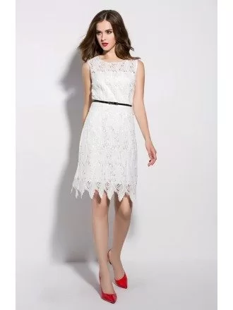 White Feather Lace Short Dress with Belt
