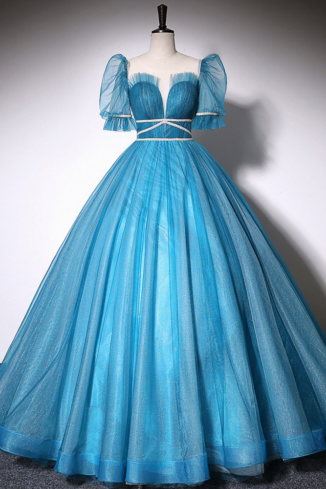 Ball-Gown/Princess Satin Tulle Tea-length Blue Dress (2003225970)