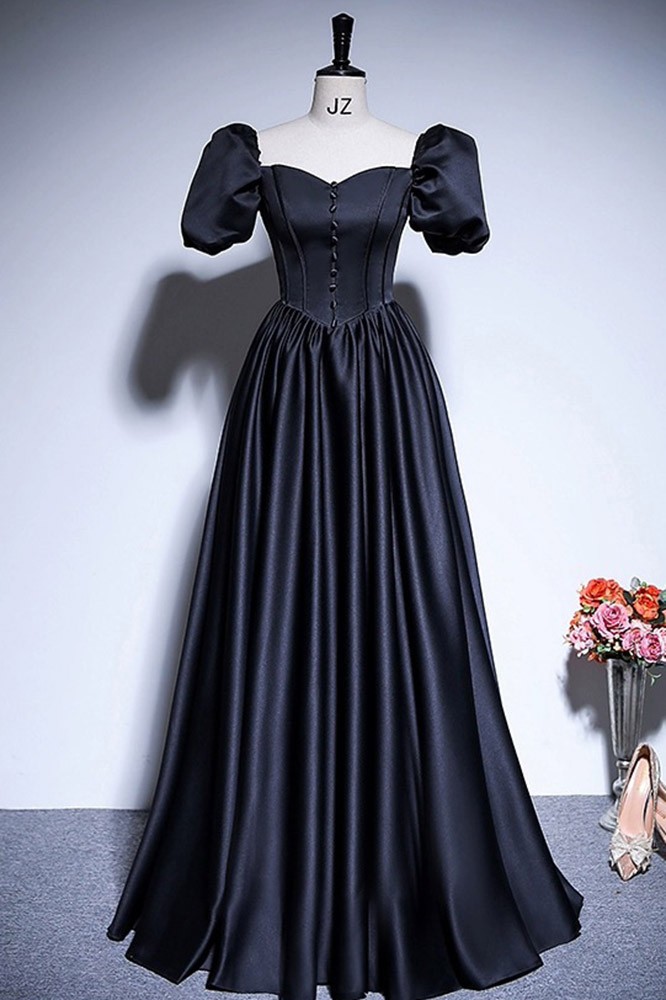 light blue dress with puff sleeves Rosie Ruched Sleeve in Victoria Black Solid Dress Web Collection: Occasion Size:XS-32