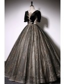 Sparkly Sequined Black Tulle Ballgown Prom Dress With Sleeves