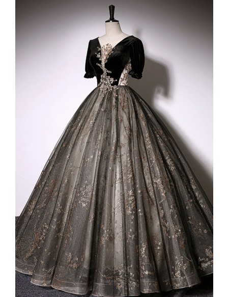Sparkly Sequined Black Tulle Ballgown Prom Dress With Sleeves