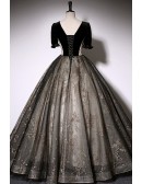 Sparkly Sequined Black Tulle Ballgown Prom Dress With Sleeves