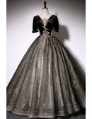 Sparkly Sequined Black Tulle Ballgown Prom Dress With Sleeves