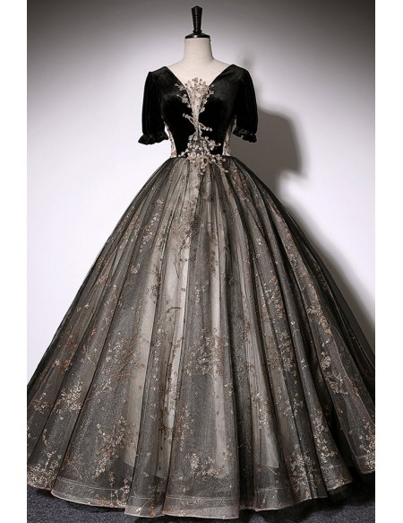 Sparkly Sequined Black Tulle Ballgown Prom Dress With Sleeves