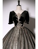 Sparkly Sequined Black Tulle Ballgown Prom Dress With Sleeves
