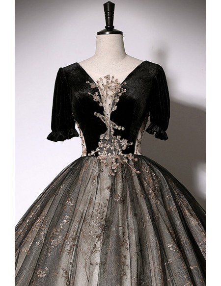 Sparkly Sequined Black Tulle Ballgown Prom Dress With Sleeves