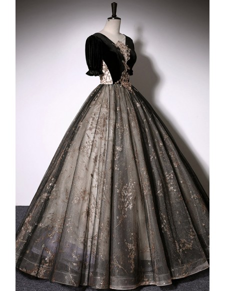 Sparkly Sequined Black Tulle Ballgown Prom Dress With Sleeves