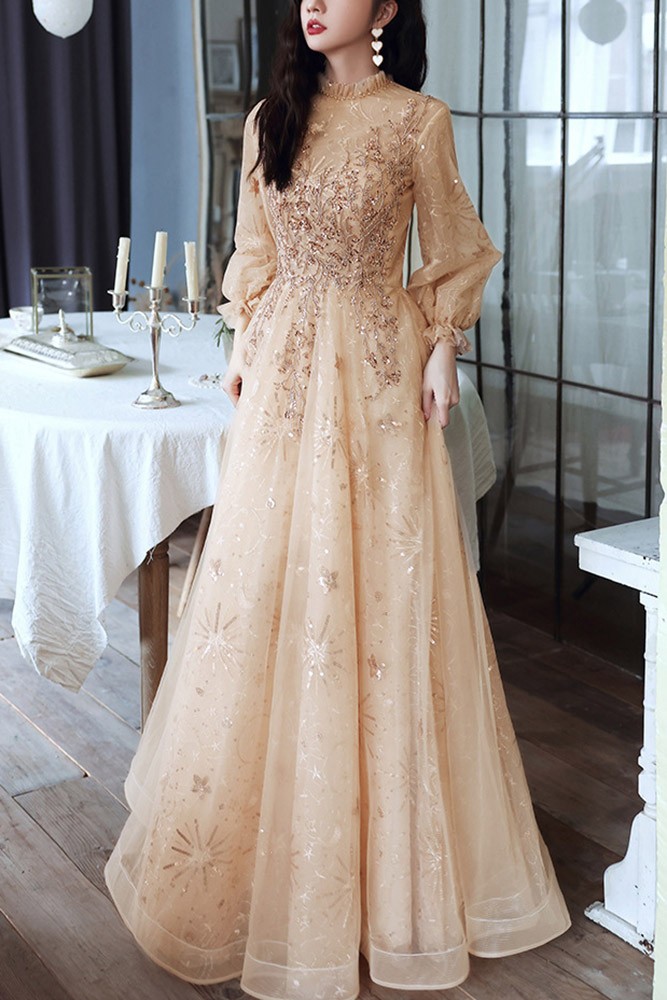 Trendy Designer High Neck Long Sleeves Pearls Prom Gown SREAL164
