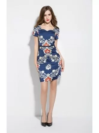 Blue Floral Print Dress with Short Sleeves