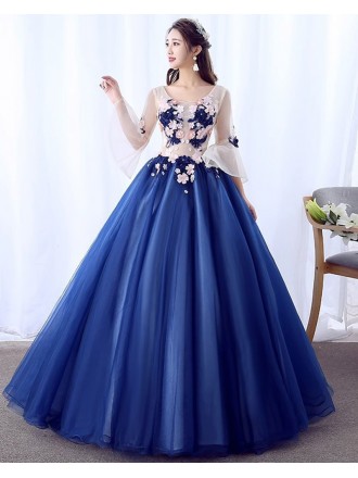 Fairytale Blue Ballgown Prom Dress With Flowers