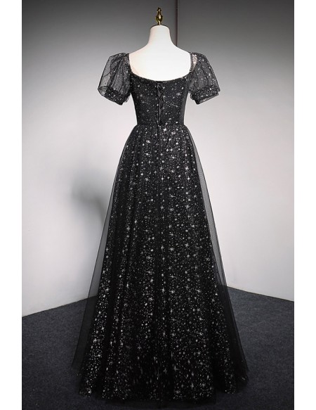 Off Shoulder Black Tulle Stars Prom Dress