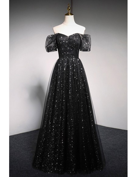 Off Shoulder Black Tulle Stars Prom Dress